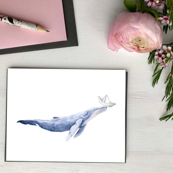 Greeting card Blue Whale, made in Quebec, made in Canada, summer Card - Carte de souhaits Baleine bleue Hobeika Art fait au quebec Canda