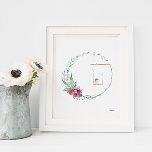 Watercolor art print illustration Flower wreath with bird quebec - Affiche aquarelle Couronne de fleurs et oiseau Fait au quebec Hobeika Art