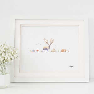 Nursery art print boy and girl children illustration woodland animals - Affiche enfant garçon ou fille forêt animaux Hobeika Art