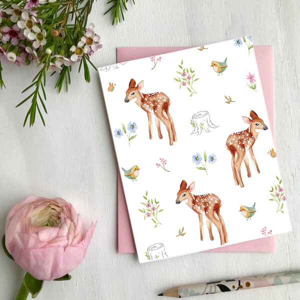 Fawn Greeting card newborn, baby girl, Made in Quebec Canada eco-friendly - Carte de souhaits Faon naissance fille, fait au québec canada