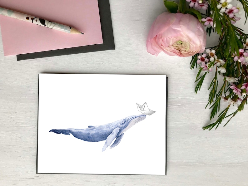 Carte de souhaits Baleine bleue, faite au Québec, fabriquée au Canada, été Carte - Carte de souhaits Baleine bleue Hobeika Art fait au quebec Canda image 1