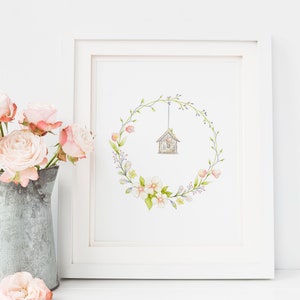Guardería arte impresión niña niños ilustración corona de flores y conejito conejo - Affiche enfant fille Couronne de fleurs et lapin Hobeika Art