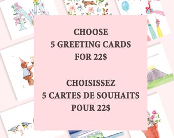 5 cartes de souhaits au choix, lot de cartes Fabriqué au Québec Canada - 5 Cartes de souhaits de votre choix, lot de cartes, Fait au québec