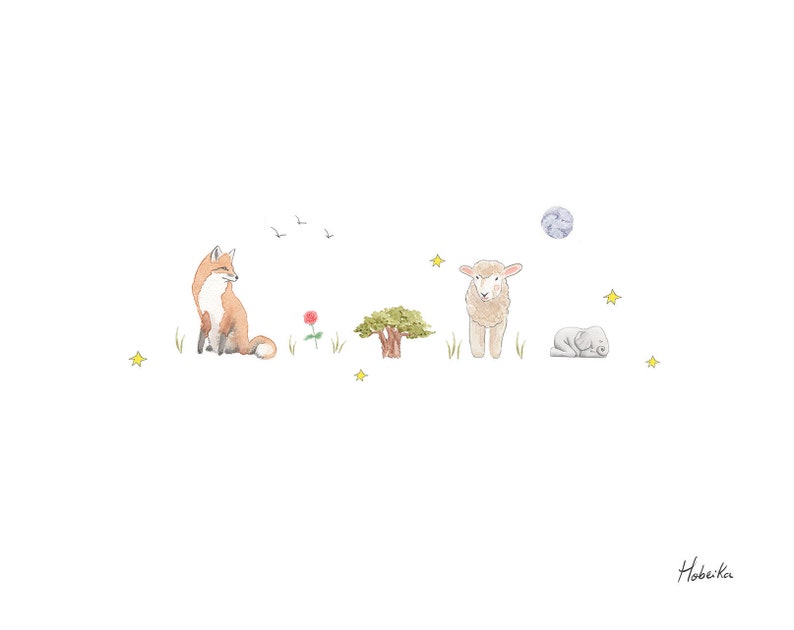 May include: Watercolor illustration of a red fox, a sheep, a sleeping lamb, a tree, a red flower, and yellow stars on a white background.