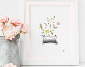 Love art print macchina da scrivere acquerello - Affiche amour machine à écrire aquarelle Hobeika Art