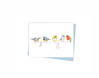 Mini carte de voeux Oiseaux sur une corde à linge Fabriquée au Québec Canada - Mini carte de souhait Oiseaux sur la corde à linge éco Fait à Montréal