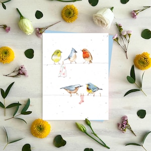 Plantable card Birds on a clothesline, seed plant me card made in quebec, Canada - Carte ensemencée Oiseaux sur la corde à linge à planter