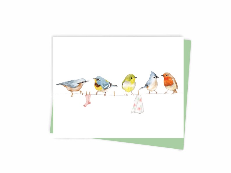Carte de souhaits Oiseaux sur corde à linge, Fabriquée à Montréal Québec Canada - Oiseaux sur la corde à linge Carte de souhaits, Fait au Québec image 2