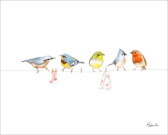 Birds on a clothesline Art print watercolor poster Made in Quebec Canada Oiseaux sur la corde linge affiche aquarelle Fait au Qu bec