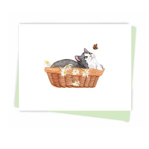 Cartão de felicitações do gato na cesta, ecologicamente correto Fabricado em Montreal, Canadá - Chat dans un panier Carte de souhaits, ecoresponsável Fait au Québec