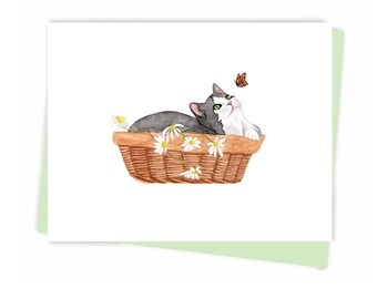Cat in the basket greeting card, ecofriendly Made in Montreal Canada - Chat dans un panier Carte de souhaits, ecoresponsable Fait au Québec