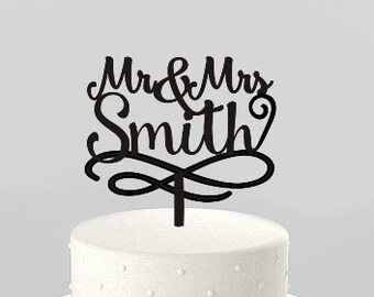 Script Mr and Mrs Last Name Wedding Cake Topper, Personalized with Last Name, Elegant Custom Script, Acrylic Cake Topper [CT104mm]