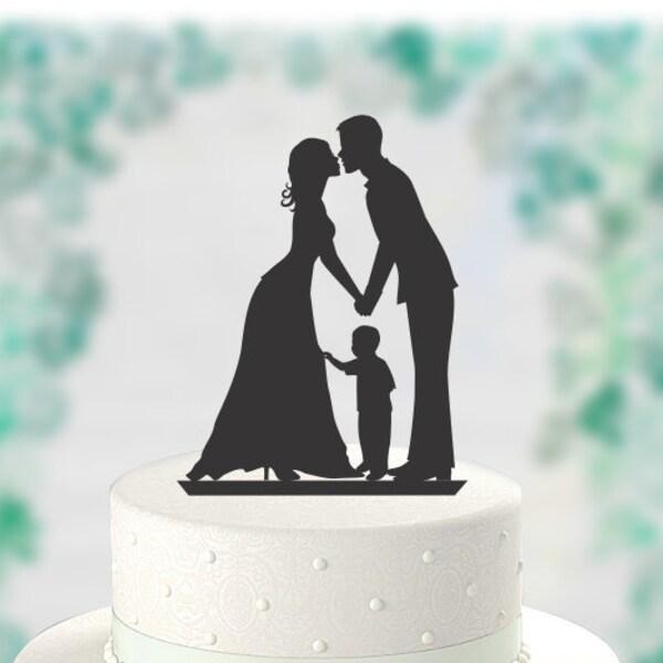CT63 Reemplazó CT62g y este CT62b - Topper de pastel de boda, Novia y novio con niño pequeño, Topper de pastel familiar, Acrílico [CT62b]