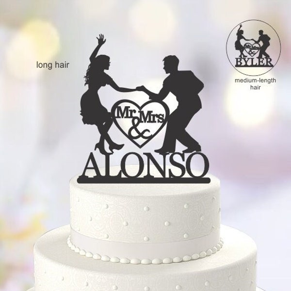 Wedding Cake Topper, Dancing Couple, Swing Dance, with Mr & Mrs Inside a Heart, Personalized with Last Name  [CT57n]