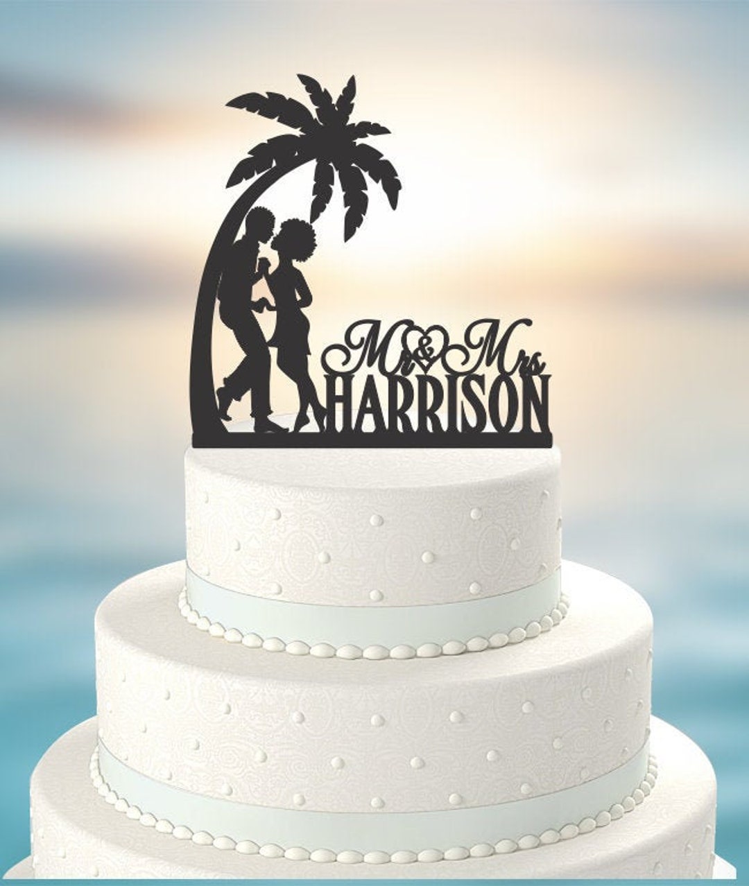 Wedding Cake Topper, Bride and Groom Kissing Under a Tree of Life, Palm ...