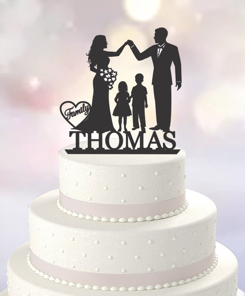 Wedding Cake Topper CT66f Two Children Groom Acrylic Cake Topper Family Cake Topper with Name Bride