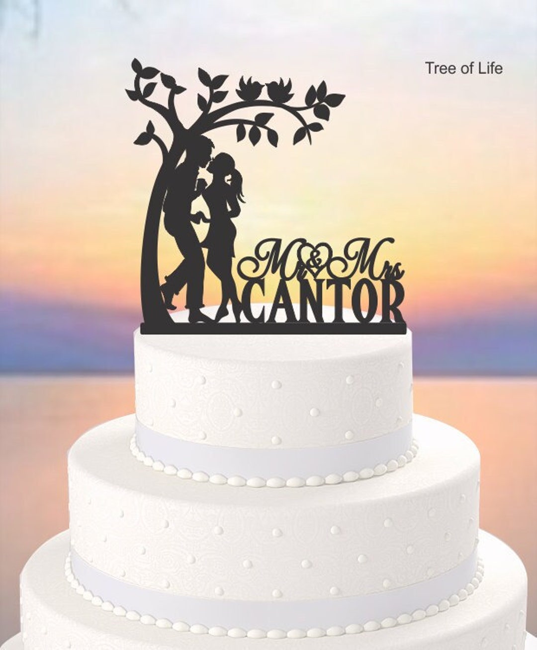 Wedding Cake Topper, Bride and Groom Kissing Under a Tree of Life, Palm ...