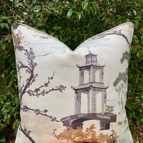 Pagoda Chinoiserie Pillow Cover //   Pagoda Scene Pillow Cover // Oriental Pillow // Zen - Pearl Color// made to order