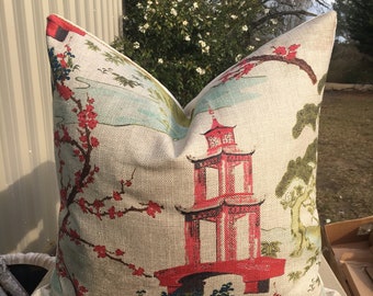 Pagoda Chinoiserie Pillow Cover //  Pagoda Scene Pillow Cover // Oriental Pillow //  Zen - Linen color. // Cover Only