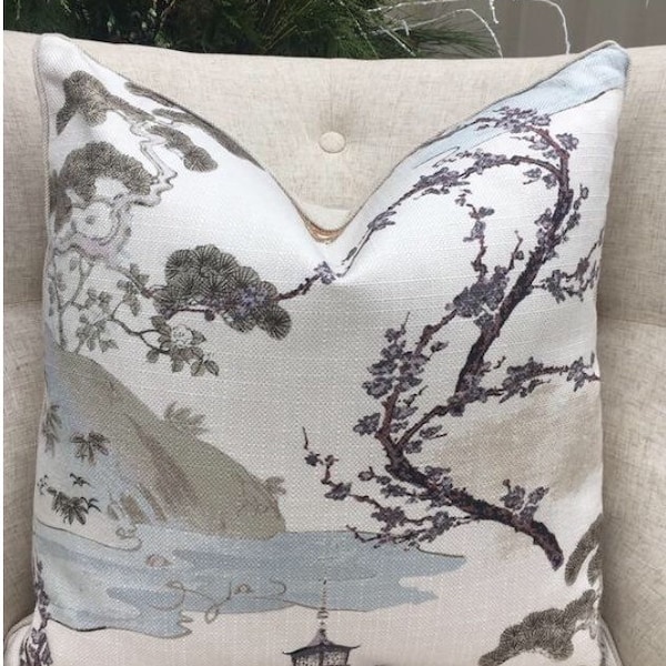 Botanical Chinoiserie Pillow Cover  // Oriental Pillow // Zen Pearl Color // Made to Order // Cover Only