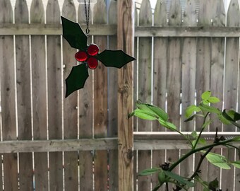 Vintage Glass Holly Leaves with Berries Suncatcher