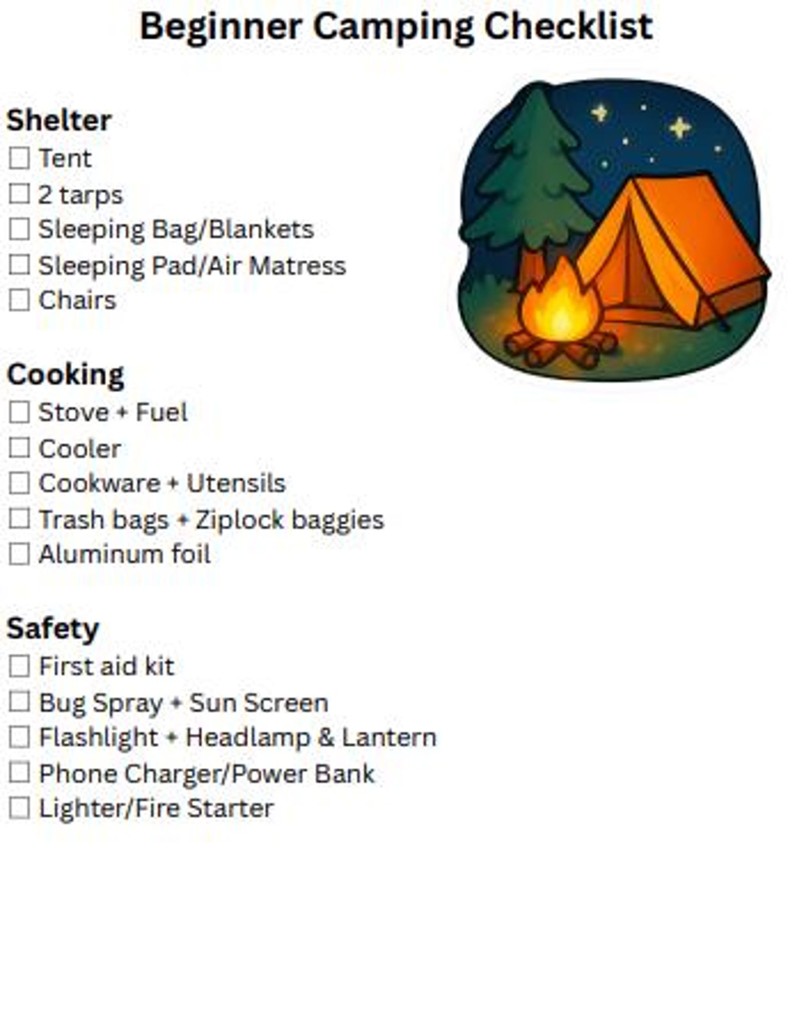 Beginner Camping Checklist Printable - Etsy