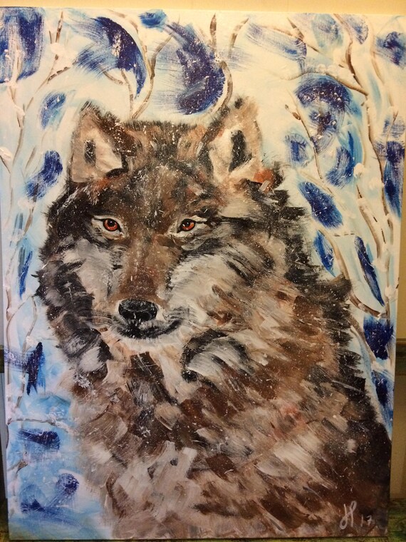 LOUP D'HIVER, (40"X30") WINTER Wolf, loup gris, gray wolf, animals, painting, original, snow, Quebec , art, décor, décoration, wall, nature,