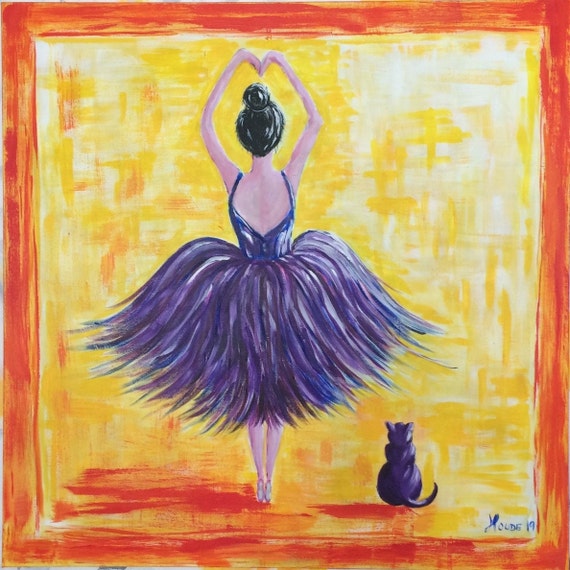 Ballerina and the cat, (36X36 INCHES)Original painting, Ballet dancer, musical,classic, art, new, signed,deco