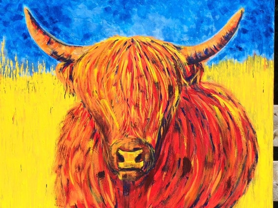 Highland cow, (36"X36") highland bull Nature , art moderne , décoration , original , signé , painting original wild , sauvage, peinture