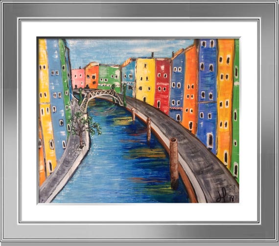 DREAMING ITALY ,(20"X16") rêve d'italie, colorful , vibrant , couleur vive, bord de l'eau, water front, peinture original,original painting