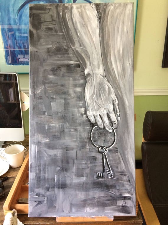 HEAVEN OR HELL..(30x16 inches) .Keys of St. Peter, god, black and white , church , peter, hand, collector , décor , house design , painting