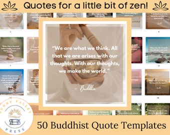 Könnte beinhalten: Eine Collage aus 50 inspirierenden Zitaten über Zen und Achtsamkeit. Die Zitate stammen von Buddha und zeigen eine Vielzahl von Hintergründen, darunter Naturszenen und Hände, die eine Klangschale halten. Der Text unten lautet "50 buddhistische Zitatvorlagen".