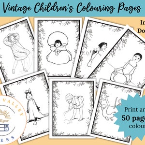 Puede incluir: Un conjunto de 50 páginas para colorear imprimibles con ilustraciones vintage de niños. Las páginas son en blanco y negro y están listas para colorear. Descarga instantánea.