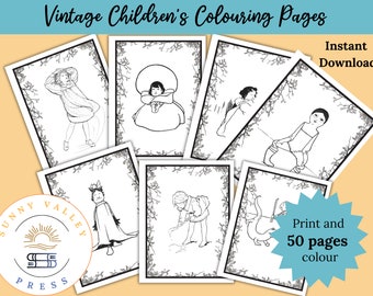 Könnte beinhalten: Ein Set mit 50 druckbaren Malvorlagen mit Vintage-Illustrationen von Kindern. Die Seiten sind schwarzweiß und zum Ausmalen bereit. Sofortiger Download.