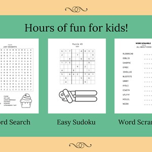 Puede incluir: Una hoja de trabajo imprimible en blanco y negro con tres actividades para ni&ntilde;os: una b&uacute;squeda de palabras, un Sudoku f&aacute;cil y una palabra revuelta. La b&uacute;squeda de palabras se titula "Just Desserts" y presenta una lista de postres. El Sudoku se titula "Puzzle #3" y la palabra revuelta se titula "Word Scramble: All About Eggs".