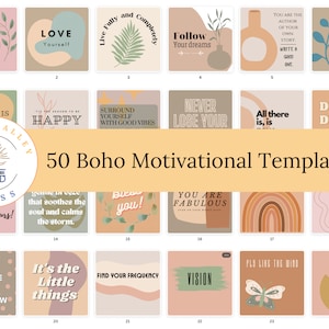 Puede incluir: Un conjunto de 50 plantillas de motivación Boho con varios diseños y citas. Las plantillas presentan paletas de colores suaves, elementos botánicos y frases inspiradoras como "Love Yourself" y "Dream Dream". El logotipo de Sunny Valley Press también es visible.