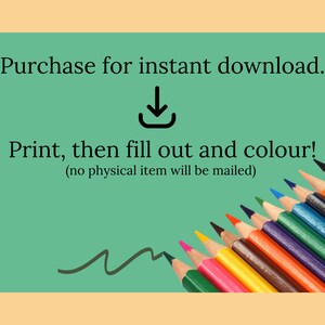 Puede incluir: Una descarga digital de una p&aacute;gina para colorear imprimible. La imagen muestra una colecci&oacute;n de l&aacute;pices de colores dispuestos en forma de abanico. El texto en la imagen dice "Compra para descarga instant&aacute;nea. Imprime, luego rellena y colorea! (no se enviar&aacute; ning&uacute;n art&iacute;culo f&iacute;sico)"