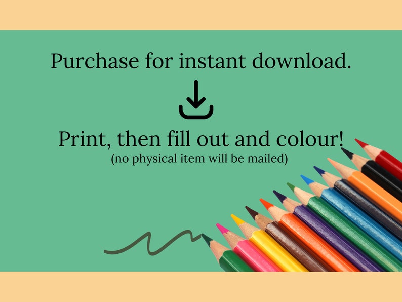 Puede incluir: Una descarga digital de una p&aacute;gina para colorear imprimible. La imagen muestra una colecci&oacute;n de l&aacute;pices de colores dispuestos en forma de abanico. El texto en la imagen dice "Compra para descarga instant&aacute;nea. Imprime, luego rellena y colorea! (no se enviar&aacute; ning&uacute;n art&iacute;culo f&iacute;sico)"