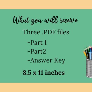 Puede incluir: Un fondo verde con texto blanco que dice "What you will receive" y "Three .PDF files -Part 1 -Part 2 -Answer Key 8.5 x 11 inches". Un porta l&aacute;pices plateado con l&aacute;pices de colores, tijeras y un clip se encuentra en el lado derecho de la imagen.