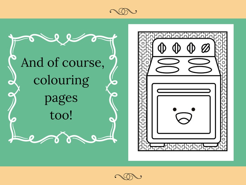 Puede incluir: Una p&aacute;gina para colorear en blanco y negro de una estufa de dibujos animados con una cara sonriente. El texto "And of course, colouring pages too!" est&aacute; en un marco decorativo.