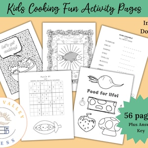 Puede incluir: Páginas de actividades imprimibles en blanco y negro para niños con un tema de cocina. Las páginas incluyen una sopa de letras, una página para colorear, un sudoku y una página con ilustraciones de comida. El texto en la página dice "Kids Cooking Fun Activity Pages", "Let's get cooking!" y "Food for life!" También se incluye el texto "Descarga instantánea" y "56 páginas Más clave de respuestas".