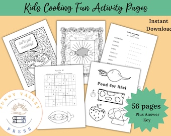 Puede incluir: Páginas de actividades imprimibles en blanco y negro para niños con un tema de cocina. Las páginas incluyen una sopa de letras, una página para colorear, un sudoku y una página con ilustraciones de comida. El texto en la página dice "Kids Cooking Fun Activity Pages", "Let's get cooking!" y "Food for life!" También se incluye el texto "Descarga instantánea" y "56 páginas Más clave de respuestas".