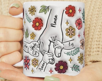 Personalized Holding Grandma‘s Hand 3D Inflated Effect Mug, Custom Grandkid Names Coffee Mug, Mother's Day Gift for Nana, Our Hearts Mug