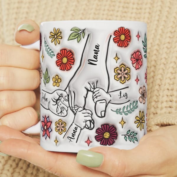 Personalized Holding Grandma‘s Hand 3D Inflated Effect Mug, Custom Grandkid Names 11oz 15oz Coffee Mug, Mother's Day Gift for Nana