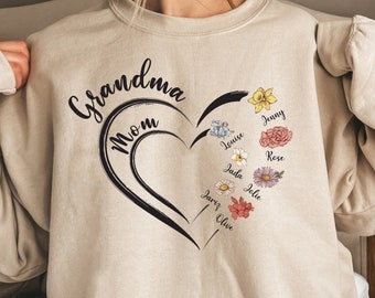 Personalized Mom Grandma Heart Sweatshirt, Custom Birth Month Flowers and Names Sweatshirt, Mother Day Gift, Sweatshirt Gift for Grandma Mom