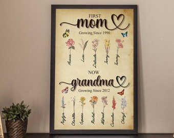 Personalized Vintage Birth Month Flower First Mom Now Grandma Garden Print, Custom Mother Day Gift, Great-grandma Grandma Mom, Personal Art