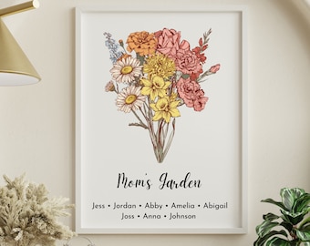 Personalized Mom's Garden Print, Custom Vintage Birth Flowers Bouquet Art Print, Best for Mother's Day Gift, Botanical Mum's Garden Wall Art