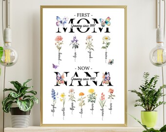 Personalized First Mom Now Grandma Garden Print, Custom Family Birth Flower and Name Art, Mother Day Gift for Grandma, Great-grandma and Mom