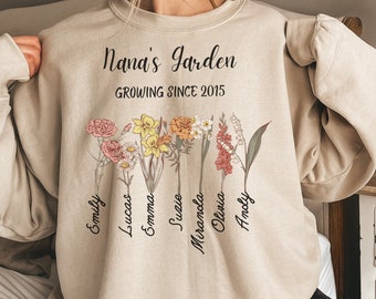 Personalized Grandma's Garden Sweatshirt, Custom Grandkids' Birth Flower and Name Sweatshirt, Custom Mother Day Sweater Gift for Grandma