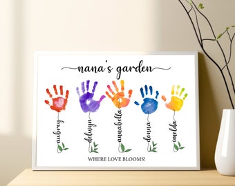 Personalized Grandma's Garden Flowers Hand-print Poster, Flower Handprint craft Art, Custom Hand-print Decor, Mother Day Gift for Nana Mom